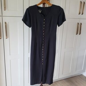 Dawn Joy Fashions Dress Womens 10 Black Vintage Button Front Tie Back USA Midi